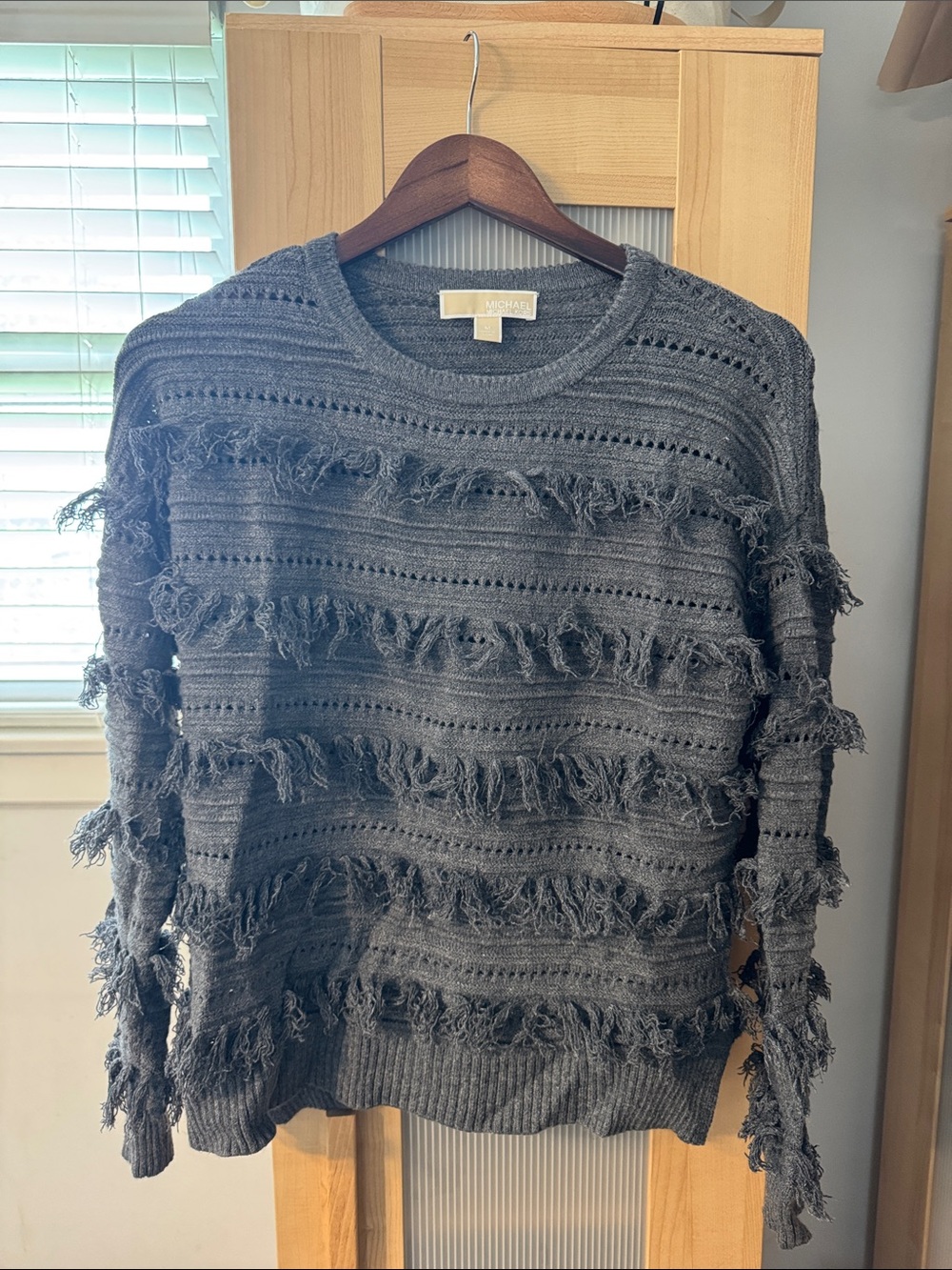 Michael Kors Gray Fringe Crewneck Sweater